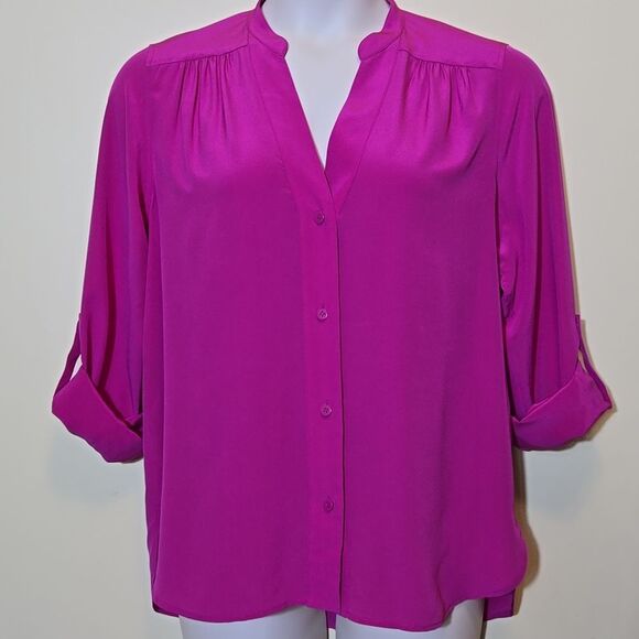 Diane Von Furstenburg Harlow Silk Blouse Top Size 12 Pink Roll Tab Button Down - Picture 3 of 16